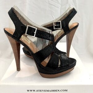 Steve Madden Hitower Stiletto Size 7.5, Black Snakeskin Strappy, Lightly Worn